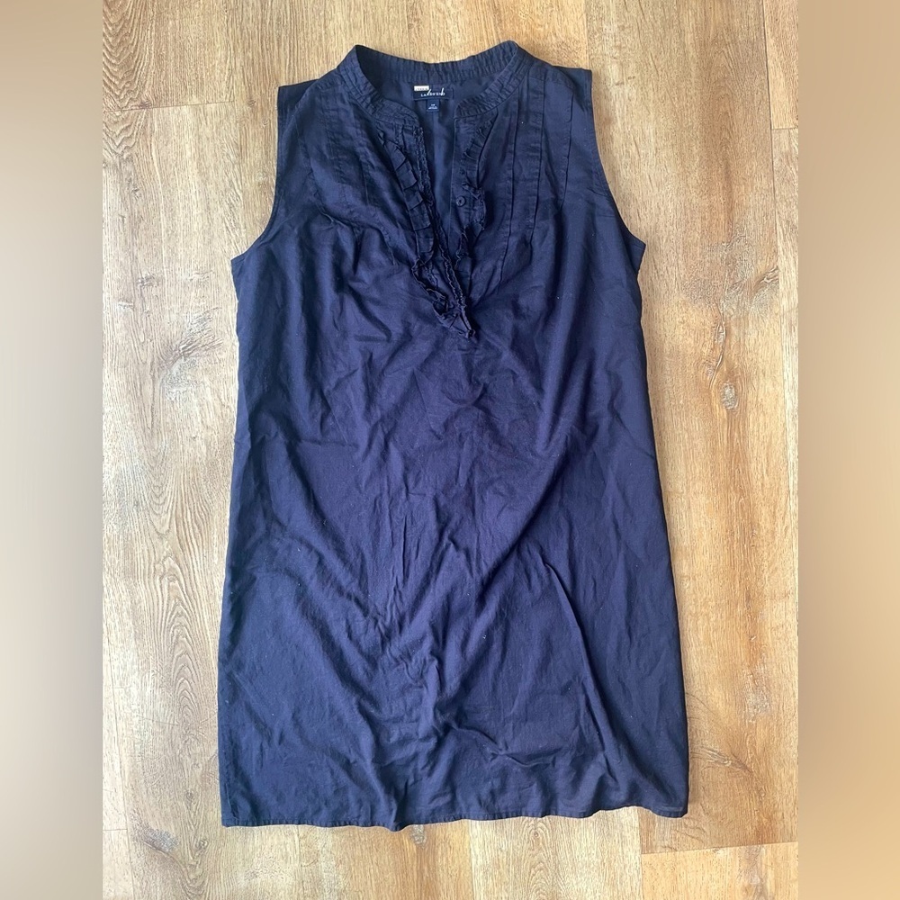 Lands’ End Women’s Navy Sleeveless Ruffle Front Cotton Dress Size 14 Minimalist